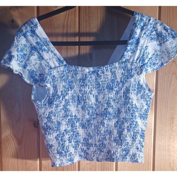 Midnight Sky Baby Doll Smocked Floral Blue White Top Linen Blend Women's Large - Picture 4 of 6